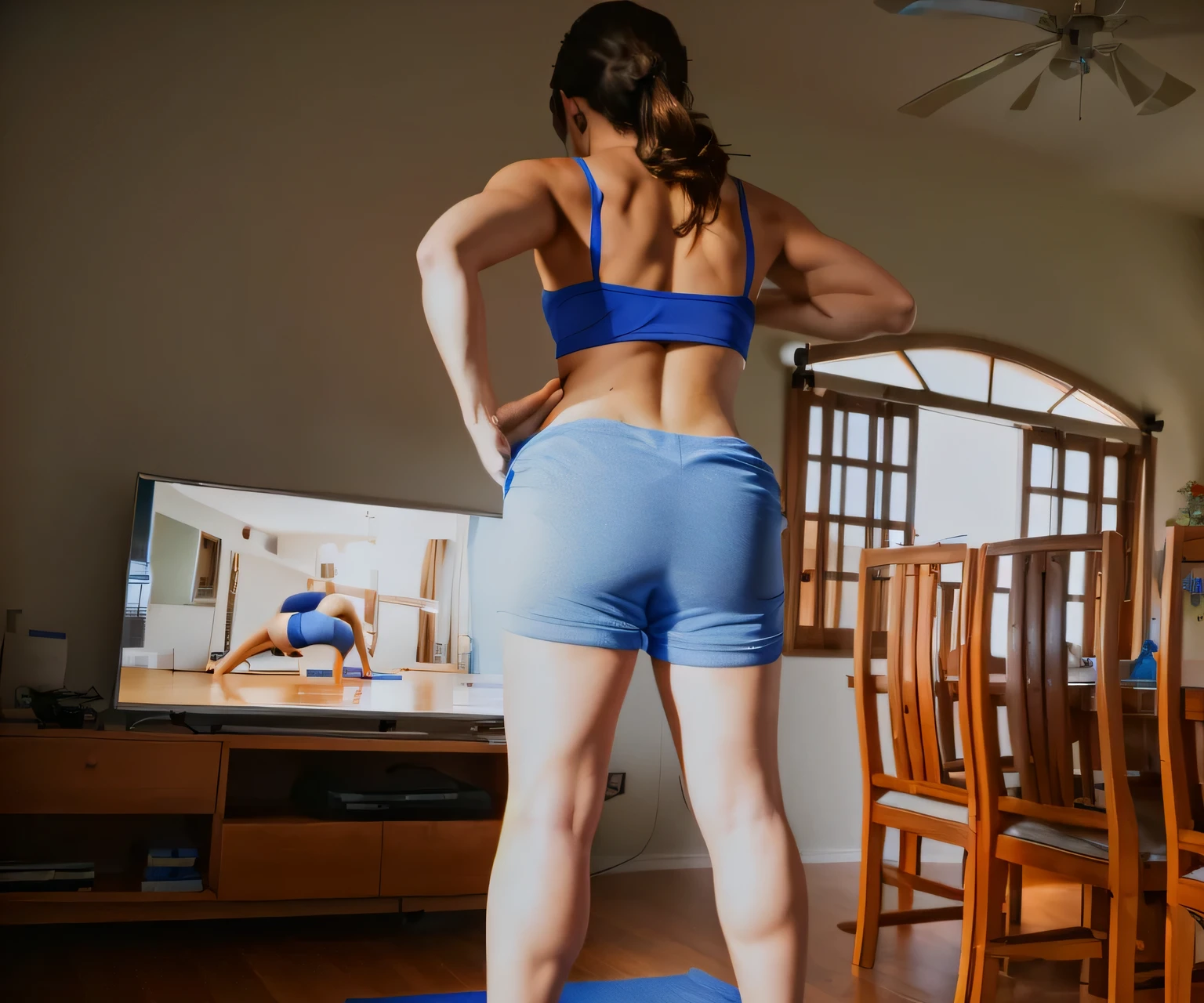 there is a woman standing on a blue mat in a living room, back pose, back - shot, working out, back shot, rear-shot, in shape, toned derriere, backview, fit body, back view!!, fit pic, backshot, back facing the camera, back - view, rear shot, from back, from the back