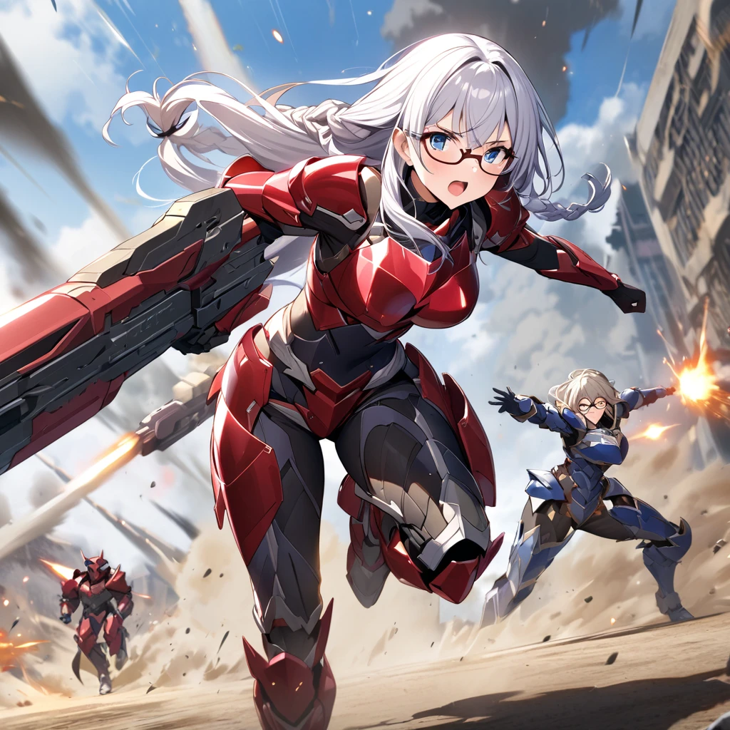 Top quality, masterpiece, beautiful girl,Silver Hair,Long Hair,Glasses,Braid,Heavy Armor,Particle cannon,Run,
powered armor, full armor, powered leg,battle Blue Armor