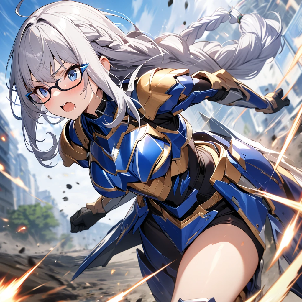Top quality, masterpiece, beautiful girl,Silver Hair,Long Hair,Glasses,Braid,Heavy Armor,Particle cannon,Run,
powered armor, full armor, powered leg,battle Blue Armor