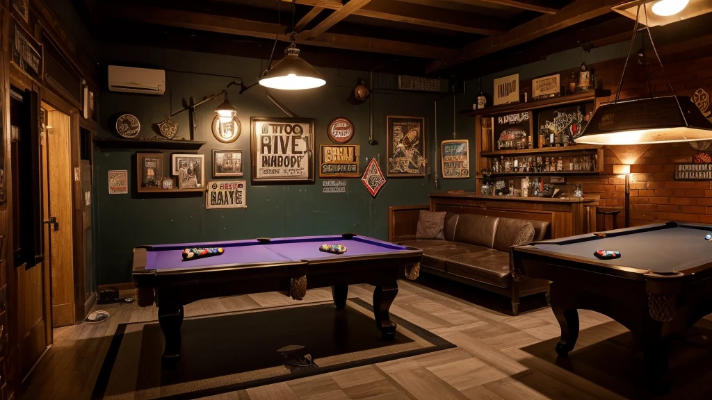 motoboy bar from a small city, bar pov, there is a dart arrow on the ceiling, one pool table in the corner, rock n roll references in the decoration. in the wall, there is a draw of a old guy showing the middle finger and write "GAUDERIOS". wide view, no people, ultrarealistic
