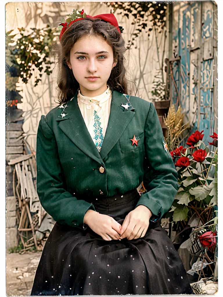 Slavic girl, Age 17-18 years, Soviet Union, Year 1939, Nonna, She is a tall young woman., beautiful, and elegant, She has dark brown hair., straight and long to the back, The upper part has a small bouquet., middle, light blue eyes, and big breasts, The is a dark green jacket., Pair it with a red turtleneck shirt., Wear it with a black skirt., The jacket has a four-pointed red star on the lapel., girls und panzer, Highly detailed Highly detailed very detailed International clarity, really 8k, very detailed.
