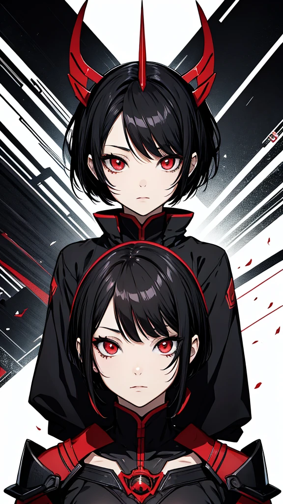 anime woman with short black hair and red eyes .