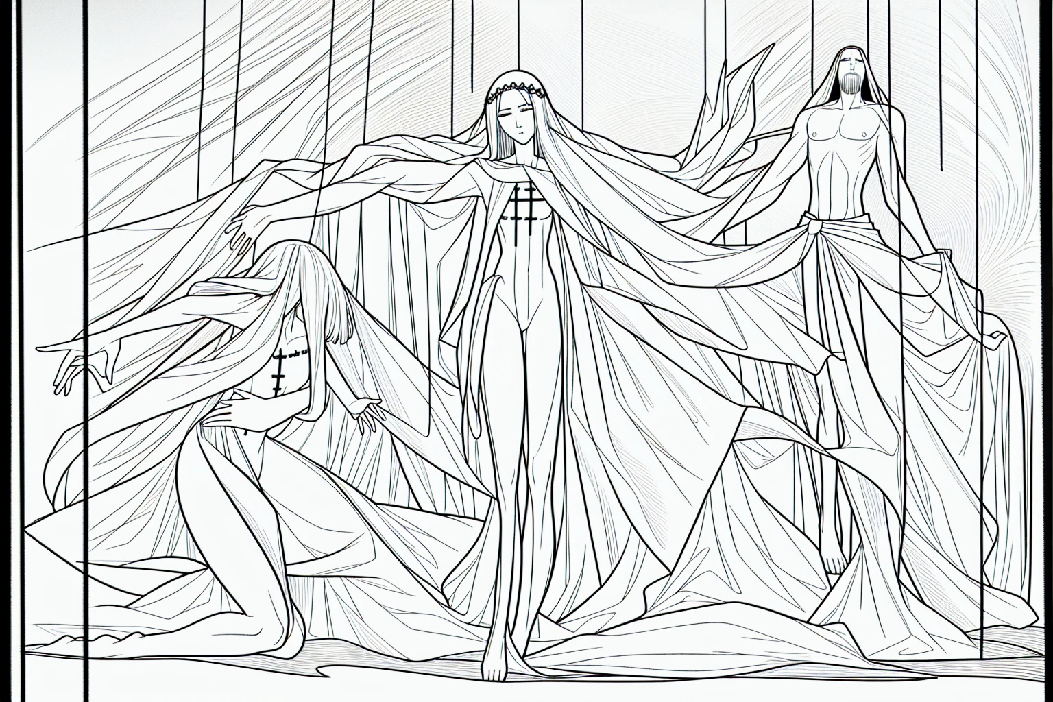 make an image of the figure of Jesus crucified, with his very slender and thin body, with him bleeding, with emphasis on the crown of thorns, and just below Mary kneeling crying