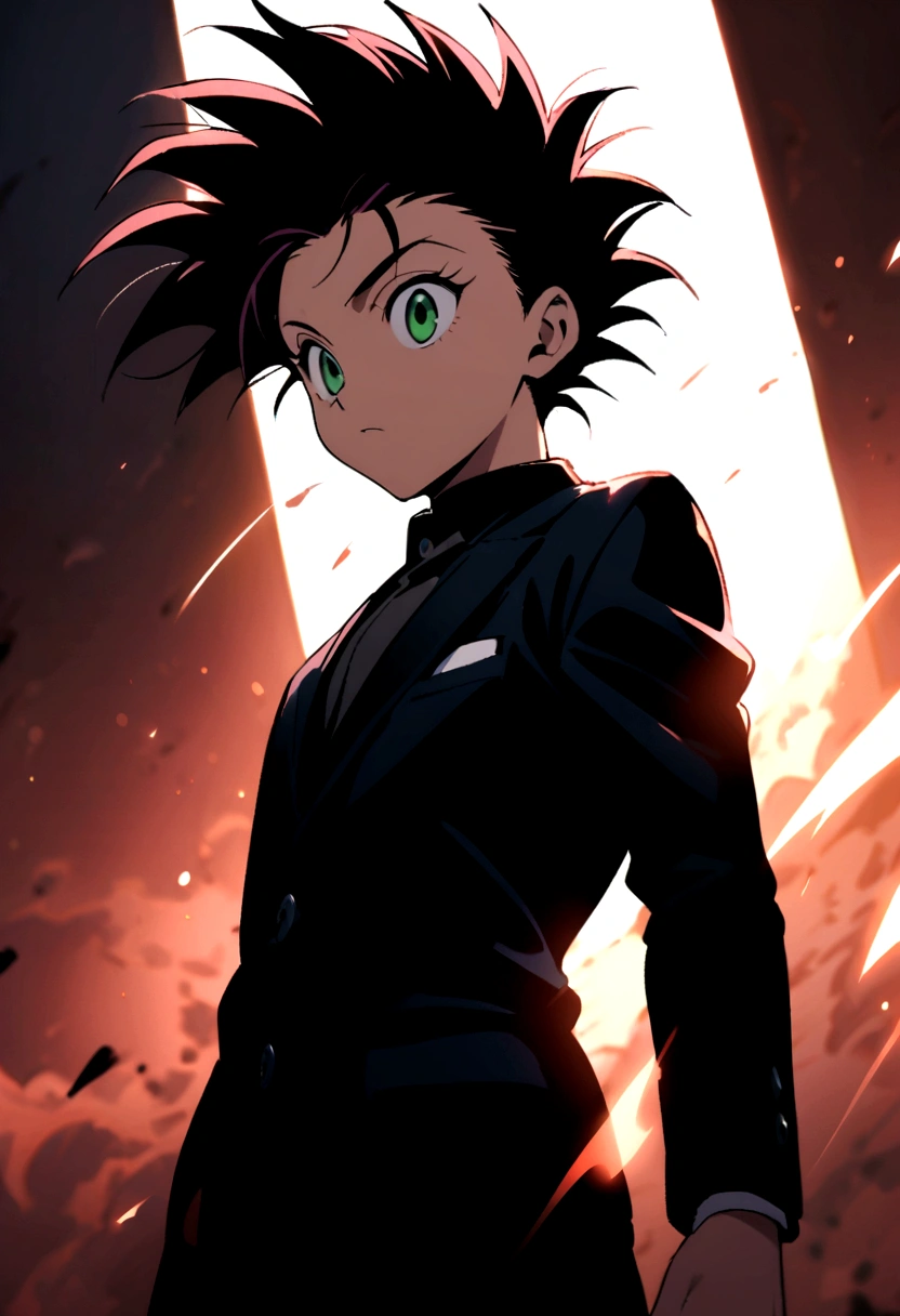 14 year old boy with black messy hair with shaved sides and green eyes wearing a black mafioso suit in hunter x hunter manga style