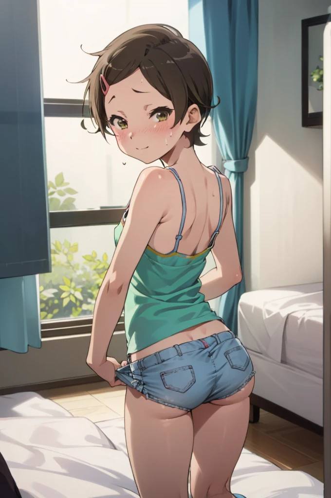 ,6yo,(ite), 1girl, looking at viewer,  hazuki katou,,,socks, ,my room,,blush,sweating,ass,from behind,flat chest,camisole,miniskirt,panties