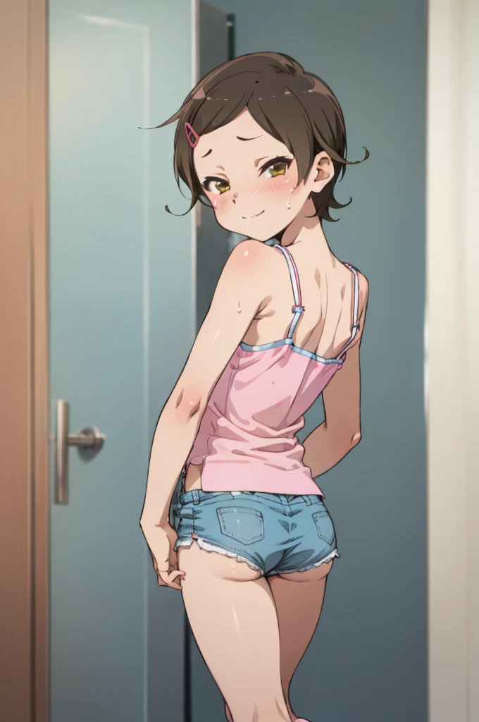 Nishino Hana\(umamusume\), Highly detailed face, masterpiece, highest quality, A light smile, wave hands, ((Highly detailed face)), Slender girl, whole body, (((In underwear))),good,panties,Horse tail, A light smile, Fine and clear eyes, frontage,)(Small breasts)(Flat chest)