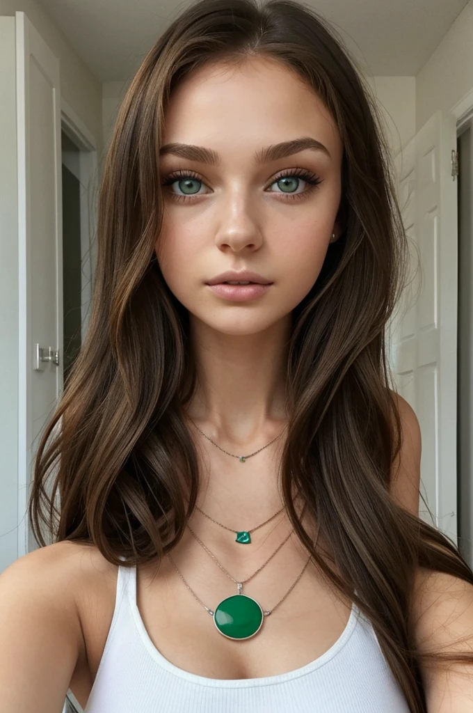 arafed woman with a white tank top and a necklace, sexy girl with green eyes, portrait sophie mudd, brown hair and large eyes, selfie of a young woman, bedroom eyes, violet myers, without makeup, natural makeup, looking directly at the camera, face with artgram, subtle makeup, stunning full body shot, piercing green eyes