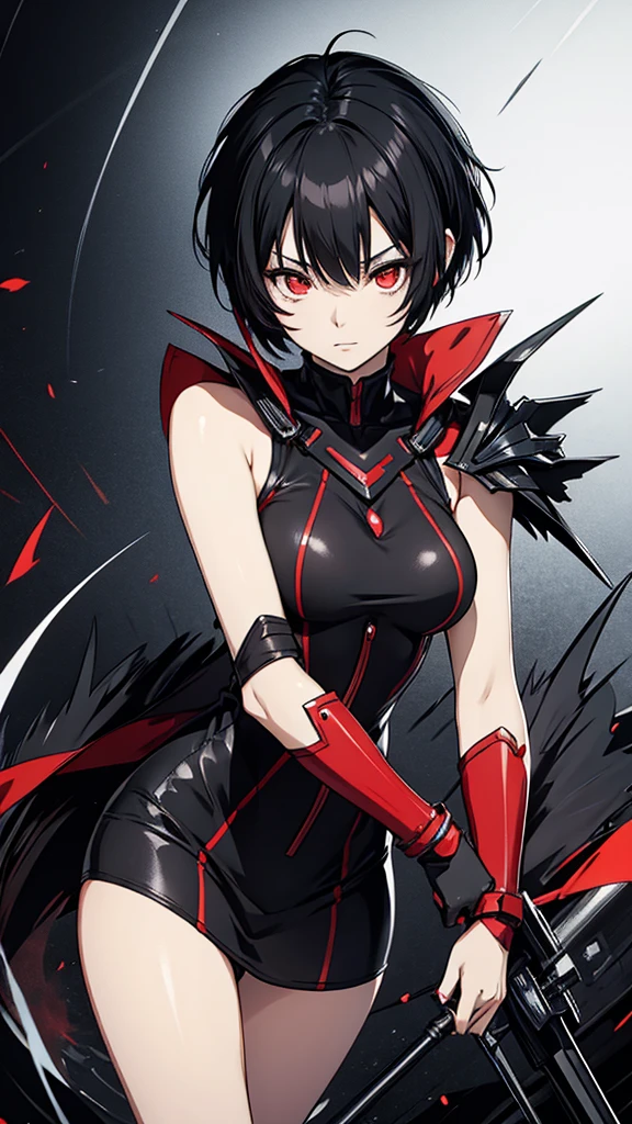 anime woman with short black hair and red eyes .