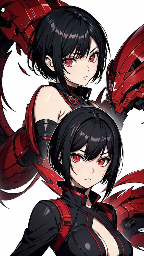 anime woman with short black hair and red eyes .