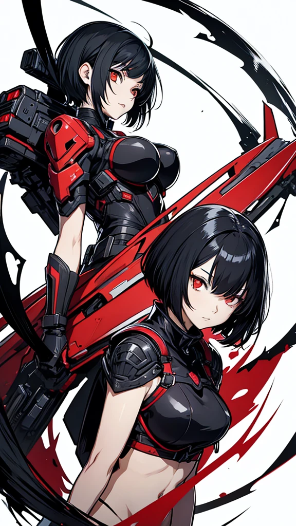 anime woman with short black hair and red eyes .