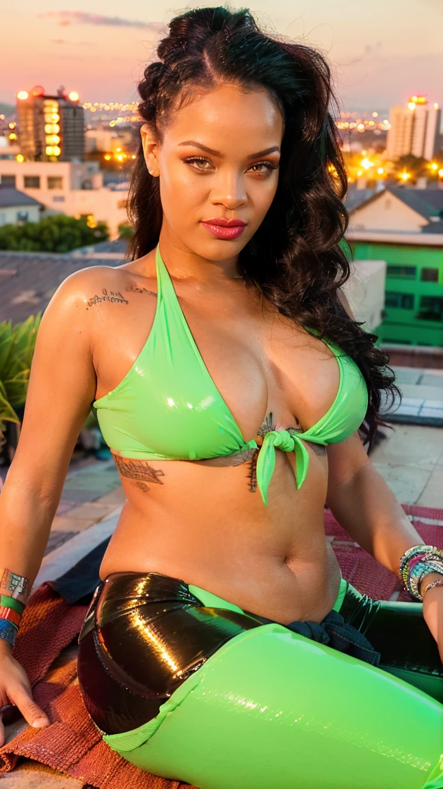 (masterpiece), (best quality), (solo, 1girl), (photorealistic1.4), (epiCRealLife), (large breasts), (Cleavage), (Young woman), (photorealistic), GAME_laura_matsuda_aiwaifu-10 costume), (red lipstick), (Rihanna1 ), (Rihanna1 eyes), (green bikini ), (GAME_laura_matsuda_aiwaifu-10 green pants), (wavy hair), (GAME_laura_matsuda_aiwaifu-10 hairstyle), (Laura Mastuda hairstyle), (LauraMatsuda bikini) (front-tie top bikini), (navel), (bracelet), (midriff) (jewelry) (wristband(, (GAME_laura_matsuda_aiwaifu-10 front-tie latex bikini), , (bangle), (abs), ,(bare shoulders), (look at viewers), (night time), (at night), (flash photography), (flash photo), (lying on rooftop), (in a city roof top patio), (beach view),, (photoshoot), (close up)