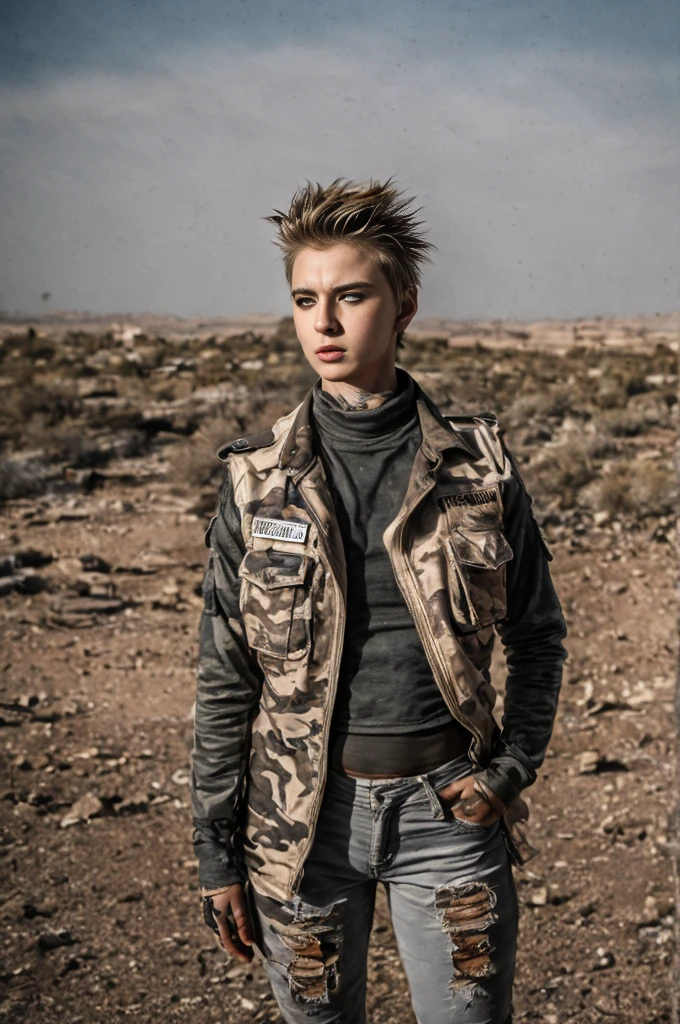 masterpiece, portrait of a beautiful 15-year-old Russian girl in a post-apocalyptic desert, Punk blonde with short hair, shaved on the sides, grey-blue eyes, very pale skin, highly detailed skin, Cool face, Tense face, Dramatic face, Hard Face, wearing dirty white military pants, wear a white and gray military scarf, wear a winter camouflage military vest in gray and white, wear punk style jewelry, Viking tattoos on skin, Cool Girl, The Killer Girl, Wild Girl, postapocalyptic style, RAW, dramatic lighting, threatening the Scandinavian skies, 8 k, Ultra high resolution.Photorealistic, uhd, First phase of XF IQ4, 150 MP, post-apocalyptic desert arid landscape in the background, dirt, dust, rumbles, wreckage, action pose, (Mad Max movie atmosphere:1.2)