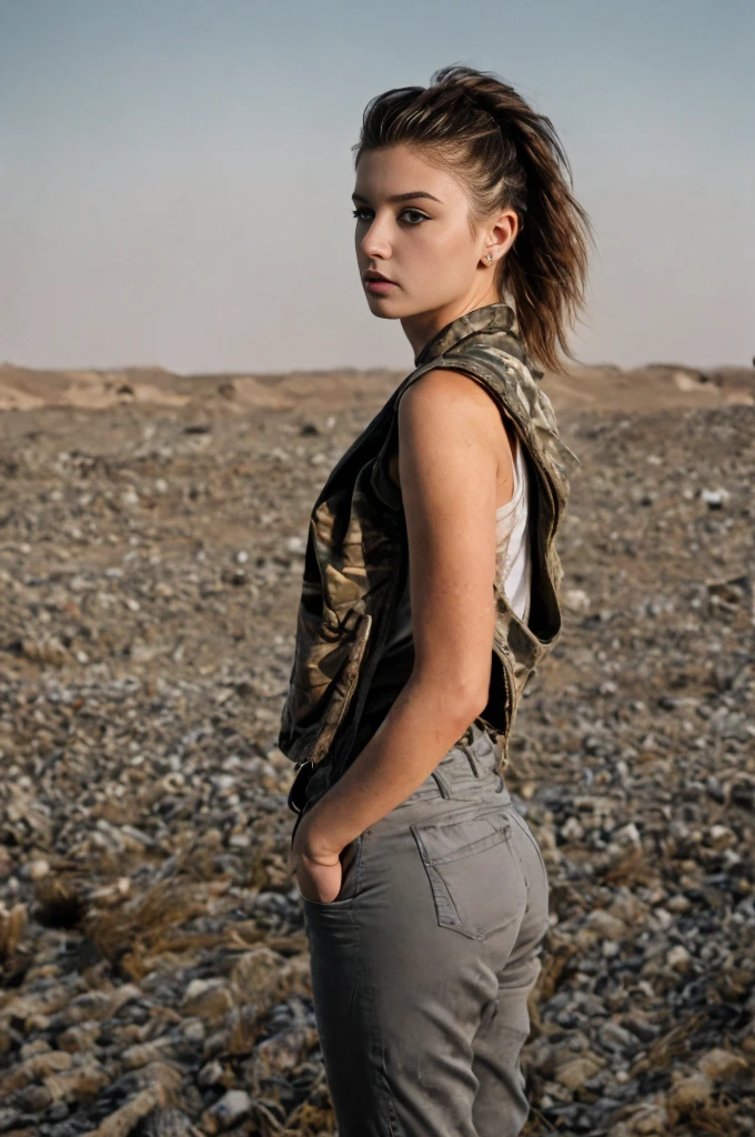 masterpiece, portrait of a beautiful 15-year-old Russian girl in a post-apocalyptic desert, Punk blonde with short hair, shaved on the sides, grey-blue eyes, very pale skin, highly detailed skin, Cool face, Tense face, Dramatic face, Hard Face, wearing dirty white military pants, wear a white and gray military scarf, wear a winter camouflage military vest in gray and white, wear punk style jewelry, Viking tattoos on skin, Cool Girl, The Killer Girl, Wild Girl, postapocalyptic style, RAW, dramatic lighting, threatening the Scandinavian skies, 8 k, Ultra high resolution.Photorealistic, uhd, First phase of XF IQ4, 150 MP, post-apocalyptic desert arid landscape in the background, dirt, dust, rumbles, wreckage, action pose, (Mad Max movie atmosphere:1.2)