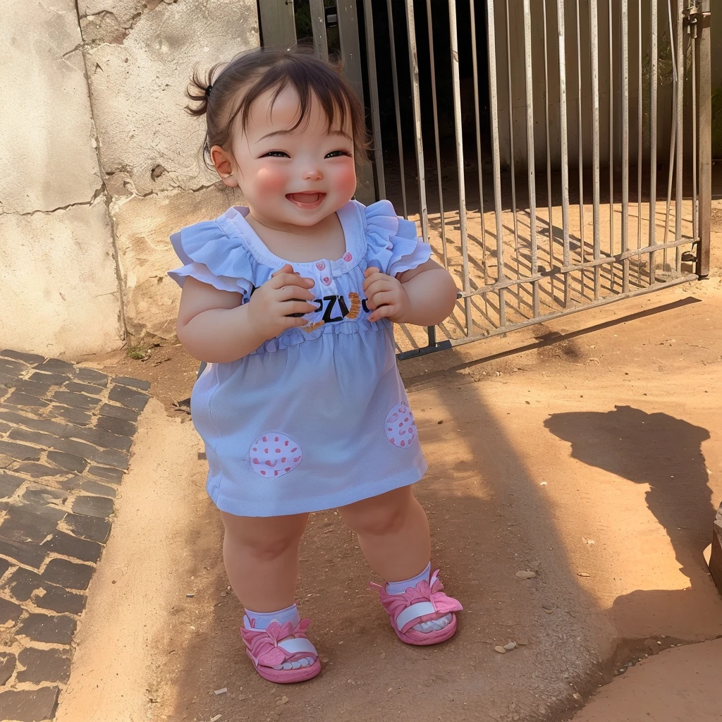 there is a standing in front of a gate and a woman, she is smiling and excited, 2 yeare is smiling and happy, with a happy expression, non-zoo throw, she expressing joy, Sunnyday, she is smiling, Sunnyday time, on a Sunnyday, super cute and friendly, in a Sunnyday, having a lot of fun
