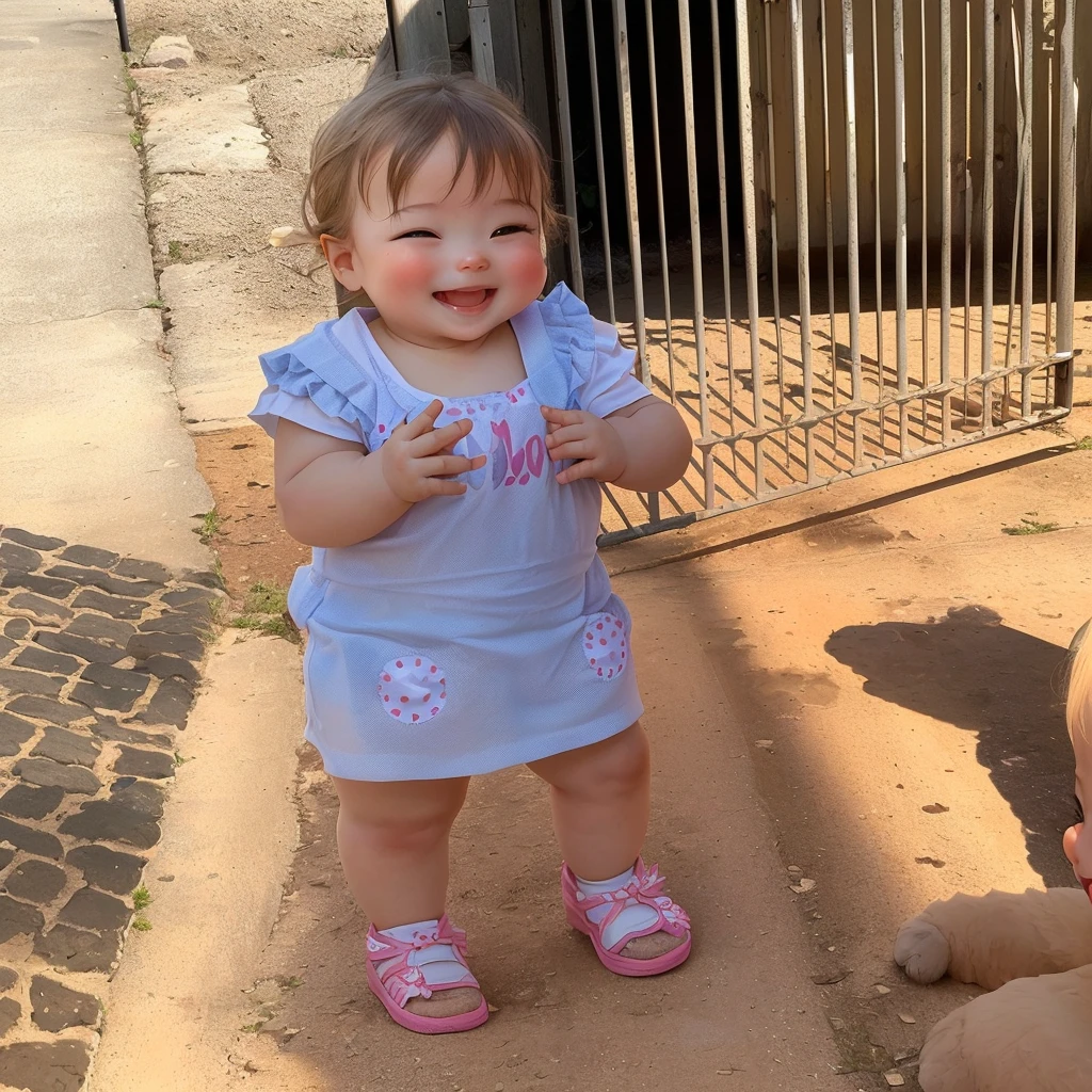 there is a baby standing in front of a gate and a woman, she is smiling and excited, 2 years old, she is smiling and happy, with a happy expression, non-zoo throw, she expressing joy, Sunnyday, she is smiling, Sunnyday time, on a Sunnyday, super cute and friendly, in a Sunnyday, having a lot of fun
