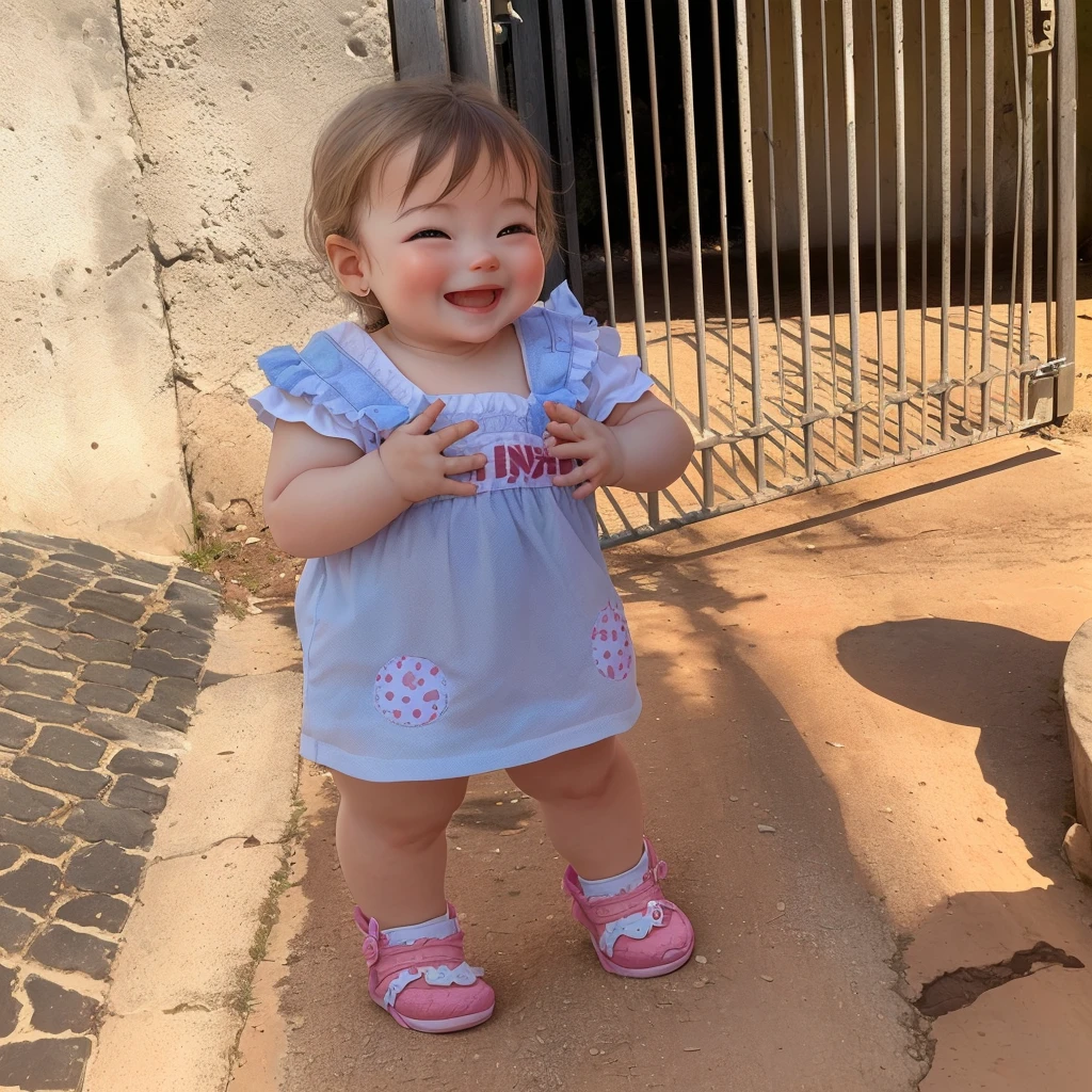 there is a baby standing in front of a gate and a woman, she is smiling and excited, 2 years old, she is smiling and happy, with a happy expression, non-zoo throw, she expressing joy, Sunnyday, she is smiling, Sunnyday time, on a Sunnyday, super cute and friendly, in a Sunnyday, having a lot of fun