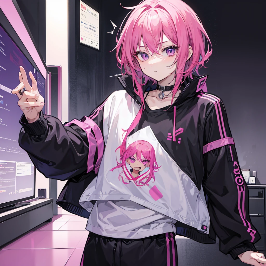 Saika is a boy, he has striking pink hair that falls in soft waves around his face, complementing his vibrant purple eyes. His features are sharp and defined, with a youthful charm that is accentuated by his slender build. He often wears a stylish black jacket over a graphic t-shirt and jogging àd sometimes tight, completing his edgy and modern look, he is in his room.