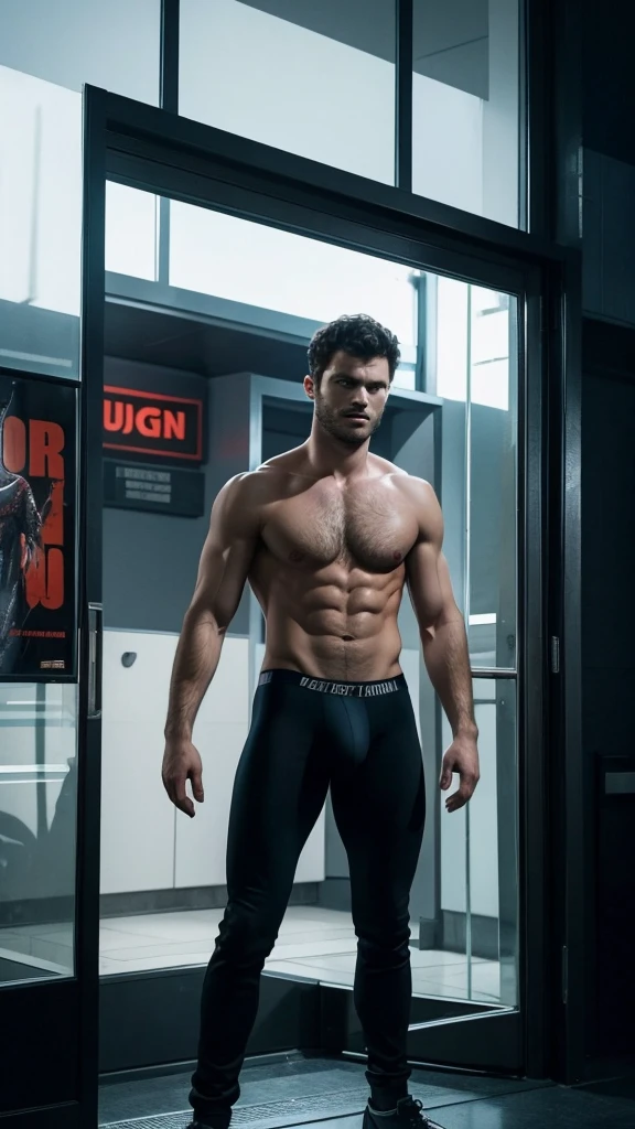Jamie Dornan brutal hot body, with hairy pubic tight underwear, movie poster concept, an allien movie vs predator