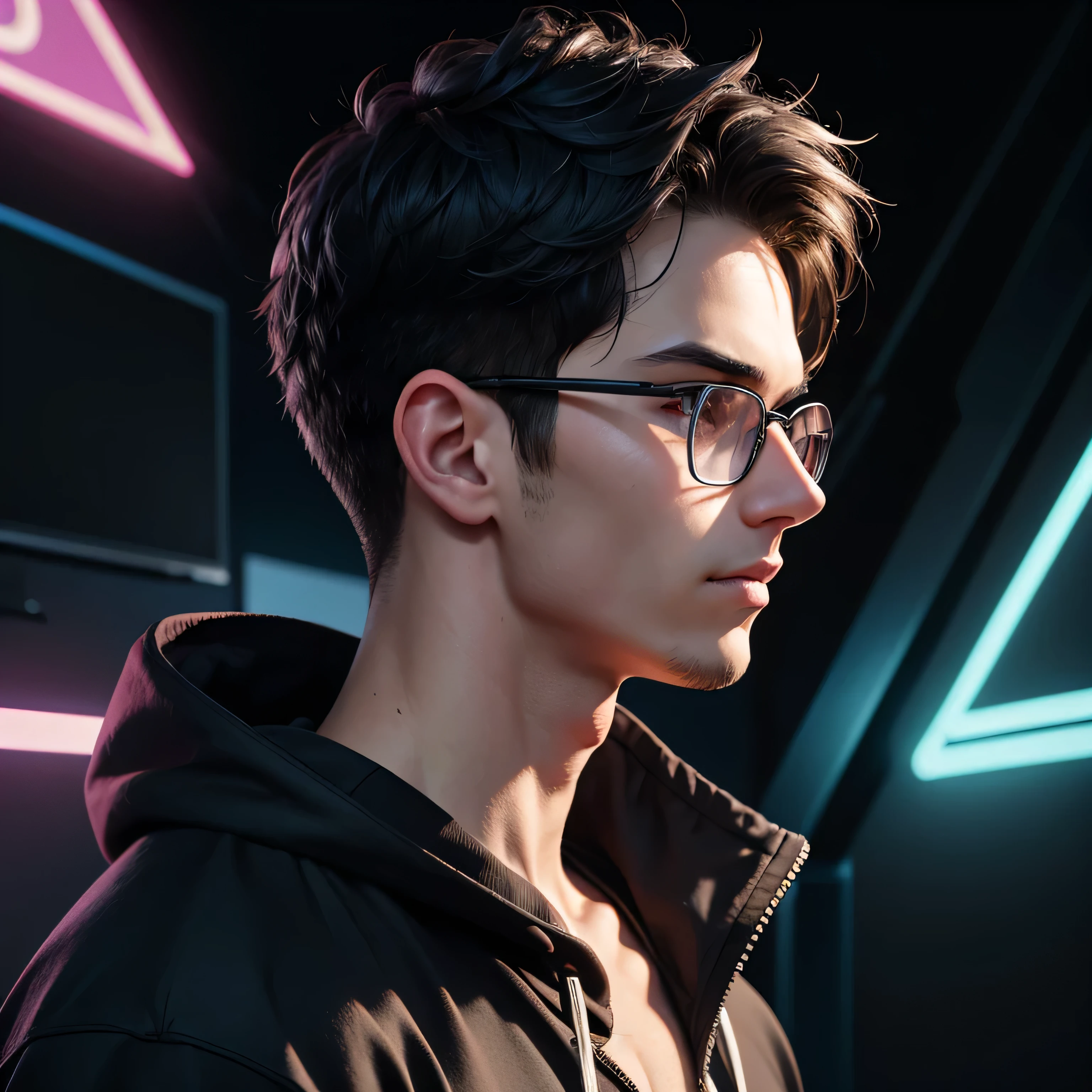 (Realistic style) 1 man young, man young alone, alone, man young, focused alone, adult, young face, short black hair, brown eyes, glasses, black hoodie, in black room with multicolored neon lights in the background, realistic and dynamic pose. Friendly face, Realistic, detailed and correct facial. Structure, Friendly, attractive, slender, slightly marked, profile view