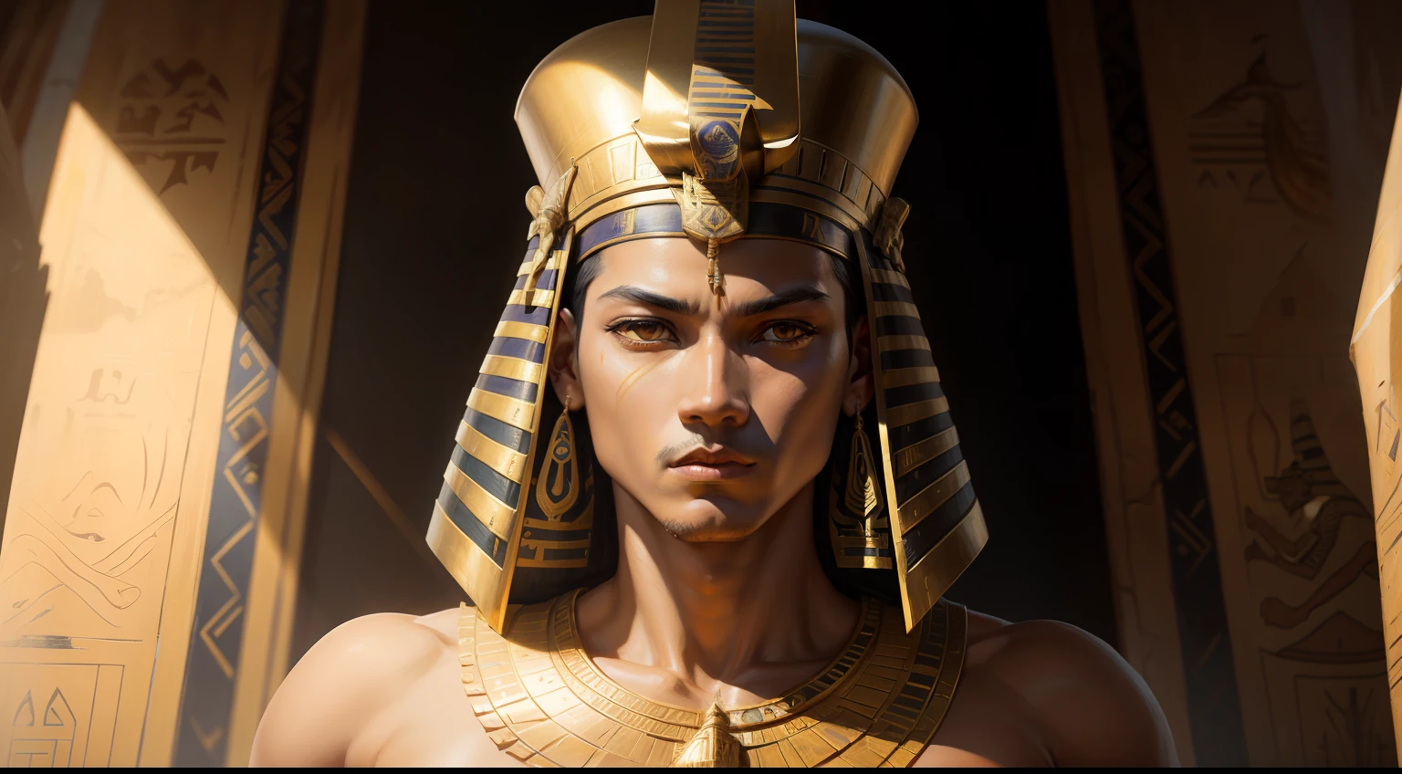 king of egypt, Pharaoh Tutankhamun, Ancient Egypt, shadows, solar lighting, epic biblical illustration, oil painting, realist.