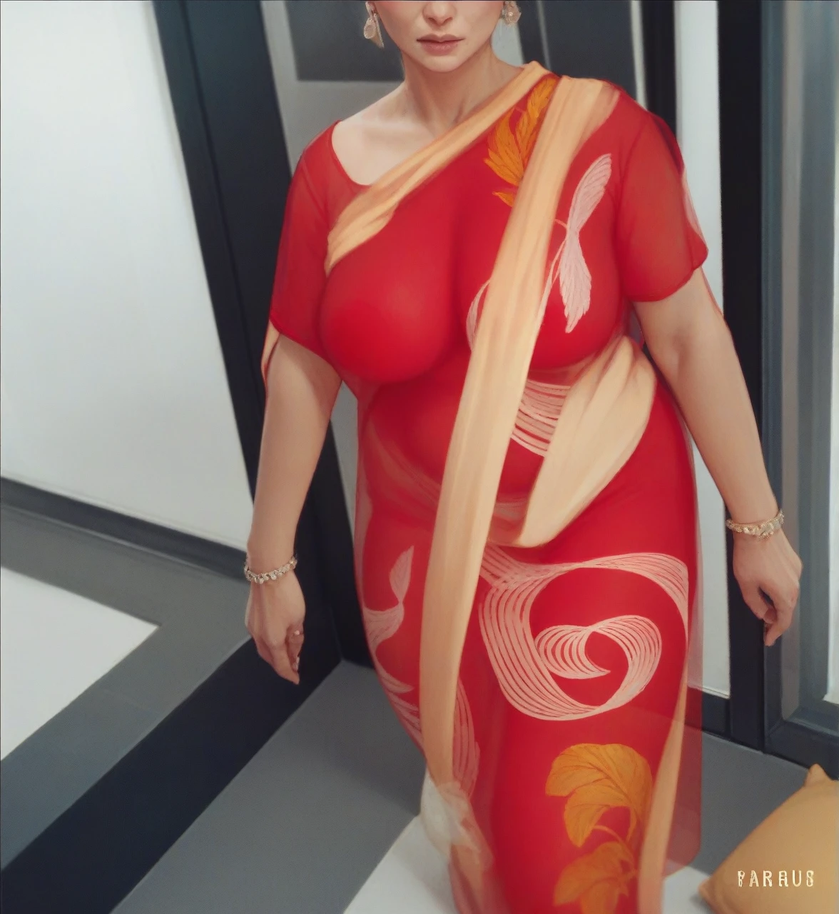 Big mature women covering her body in transparent saree