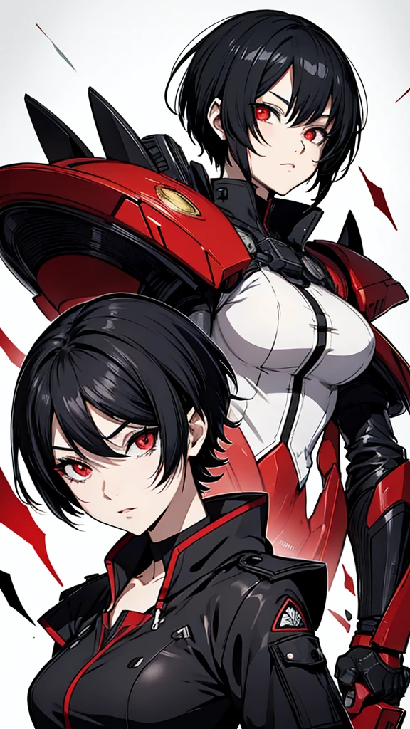 anime woman with short black hair and red eyes .