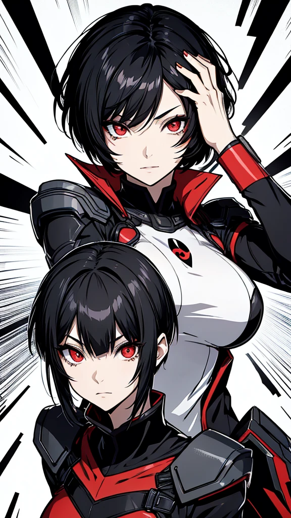 anime woman with short black hair and red eyes .