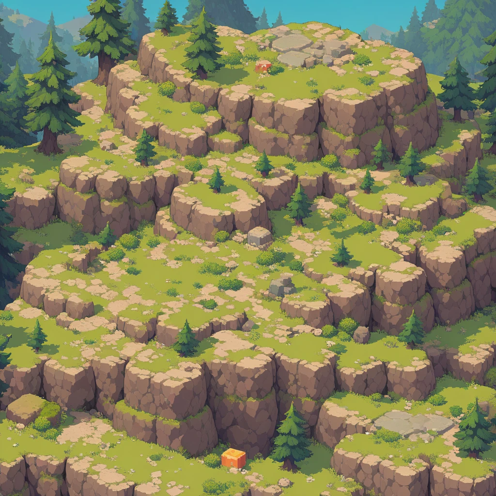 retro video game style,pixelated, vibrant pastel colors,8-bit characters,blocky shapes,sharp lines,detailed shading,classic gaming vibe,nostalgic atmosphere,classic arcade games,masterpiece:1.2,ultra-detailed,illustration style, 2d texture, stone texture, 4 k seamless mud texture, video game texture, dirt texture, tileset, game tiles, grass, trees, rock texture, detailed trees, topdown view, game texture, game art, tileable texture, very detailed cliff texture, intricate stones, top down view, 3/4th perspective