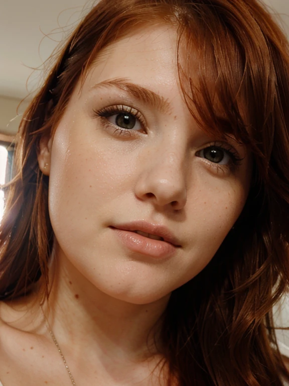 Beautiful face detailed features, very puffy very curly red hair, red lips, makeup eyes, cum facial, cum lips, cum hair, cum eyes,