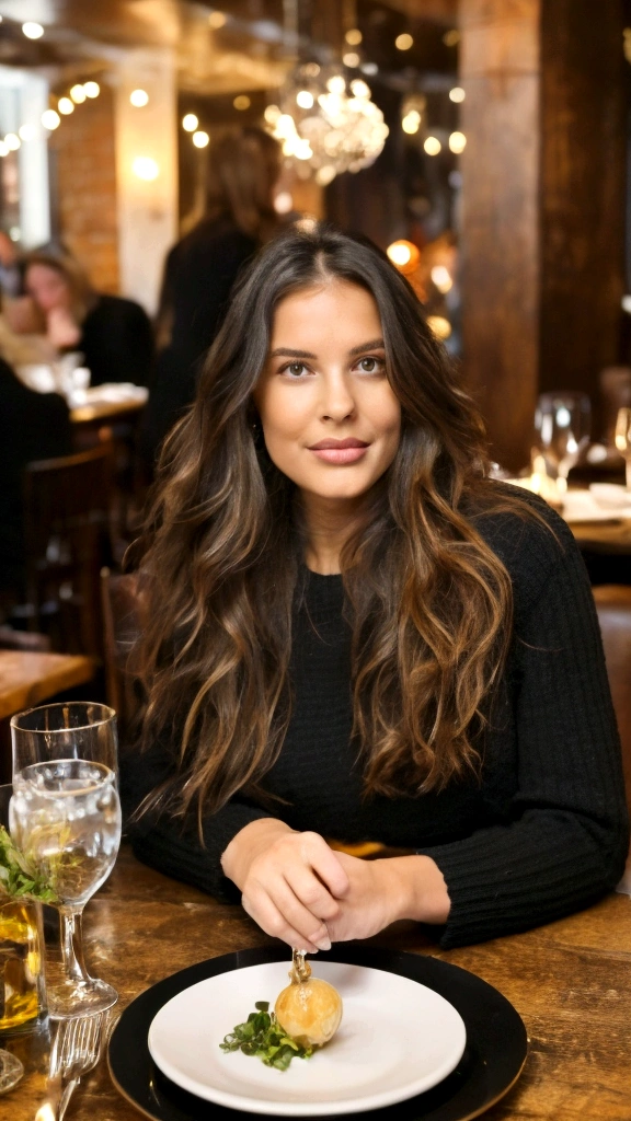 A young woman with long, wavy brunette hair sits at a restaurant table. She is wearing a black sweater that leaves her shoulders uncovered and elegant earrings. In front of her, on the table, are carefully arranged plates and cutlery, and a large candle in a glass vase. The background shows a restaurant room decorated with dimmed lights, disco balls hanging from the ceiling and chic, modern décor. The atmosphere is warm and welcoming.
