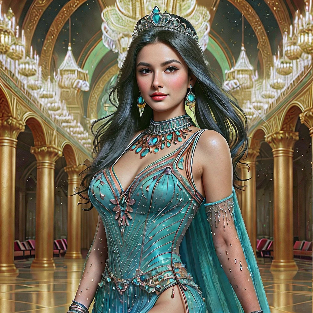 portrait Ariana Grande, wearing breasts hijab made of blue with jewelry and diamonds costume, against the background of a mirror, character portrait, 3 9 9 0 s, short hair, intricate, elegant, highly detailed, digital painting, artstation, concept art, smooth, sharp focus, illustration, art by wlop, charlie bowater and alexandra fomina, 36k