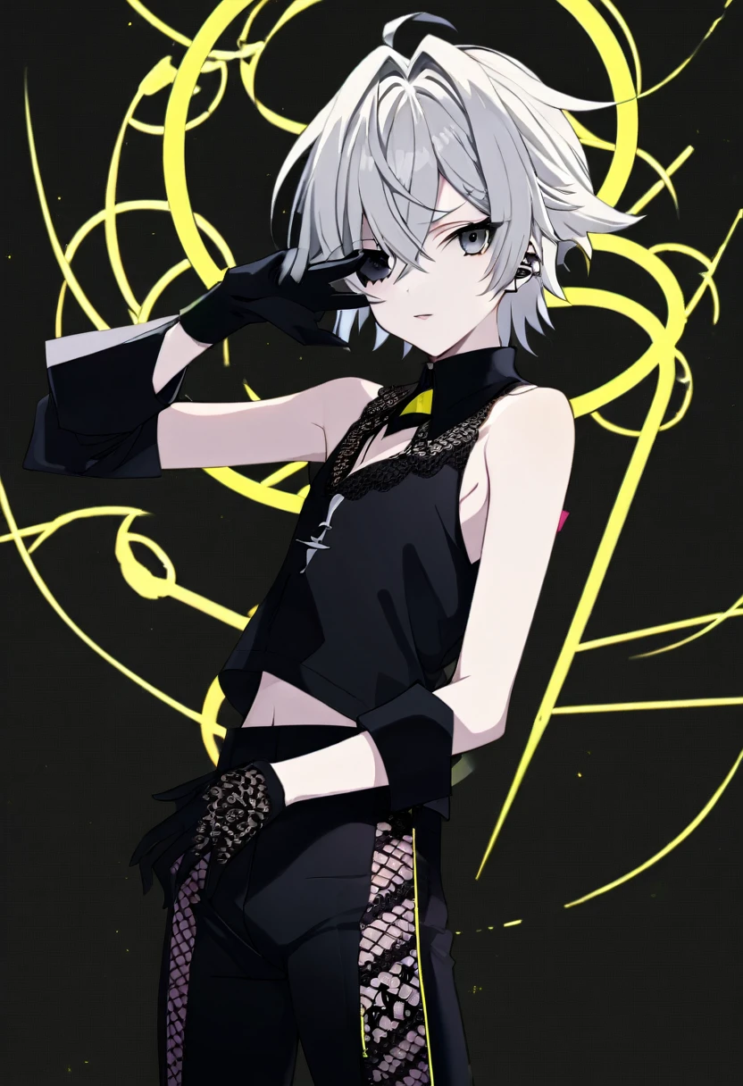Anime 4K Art, Elfo, murderous, masculine, Triangular Chin, Tall imposing, Light Silver Hair, Black eyes with yellow circle, Ray Makeup on the Right Eye, Do Him Wearing a Tight Black Sleeveless Clothe with Transparent Lace on the Abdomen, black fingerless gloves, Neon Gothic background, Treacherous and Malicious Personality, gostoso, Pose Sexy.