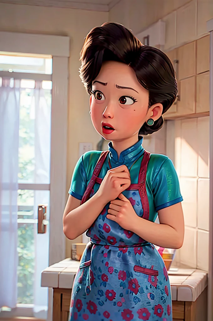 (masterpiece), best quality, expressive eyes, perfect face, detailed hands, detailed anatomy, perfect anatomy, detailed nails, Ming lee, Black hair, sexy apron, black apron, visible breast