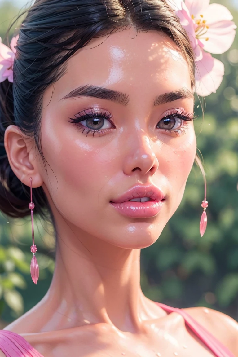 Gentle and charming Chinese beautiful woman, half-length photo, delicate and sexy collarbone, charming oval face, double eyelids, vivid peach blossom eyes, pink lips, small nose, bare shoulders, focused face, face close-up, ultra-high-definition, Super details, elegant standing posture, ultra-thin light-transmitting wet yarn