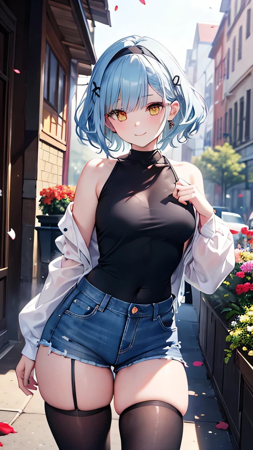 Realistic image, A consistent image, Detailed Images, 1 beautiful girl. She has short light blue hair that reaches her shoulders.、The bangs reach down to the eyebrows。. On top of the bangs, Yura is wearing a black headband and a hairpin on her left side.。. purplish yellow eyes, Long eyelashes.,Her face is oval and delicate., (((Beautiful face,Ahegao))):1.5, She is wearing a long-sleeved shirt, Jeans Shorts, Thigh-length stockings. She has a curvaceous figure, Medium bust and thick thighs. Surrounded by European shops, Petals falling. Natural light in front, Volumetric lighting
