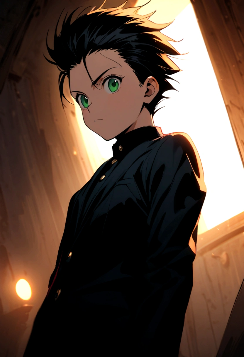  boy with black slicked back hair and green eyes wearing a black mafioso suit in hunter x hunter manga style