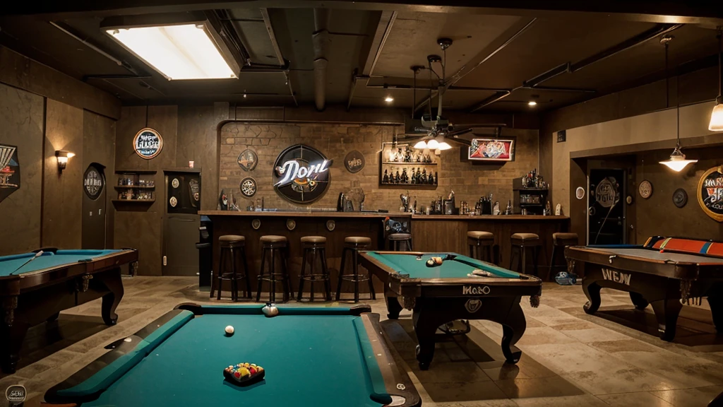 motoboy bar from a small city, bar pov, there is a dart arrow on the ceiling, one pool table in the corner, rock n roll references in the decoration. wide view, no people, ultrarealistic