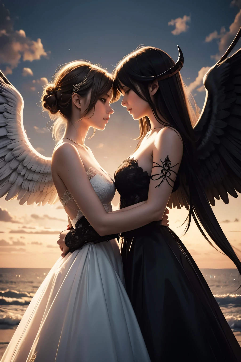 A very beautiful female angel and a very beautiful succubus are embracing naked and kissing.