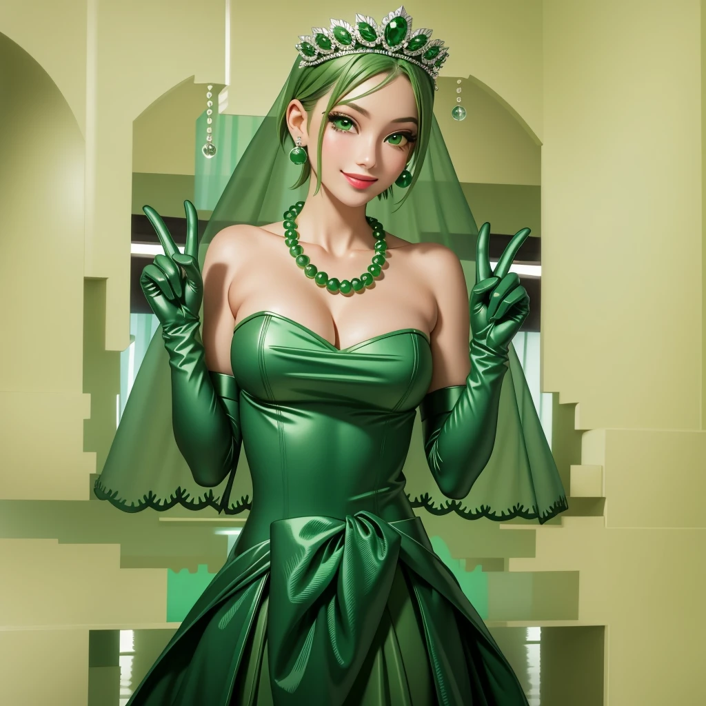 Emerald tiara, Green Pearl Necklace, ボーイッシュな非常に短いGreen Hair, Green Lips, Smiling Japanese woman, Very short hair, Busty beautiful lady, Green Eyes, Green satin long gloves, Green Eyes, Emerald Earrings, Green veil, Vsain, Green Hair, Beautiful Japanese Women, green lip gloss