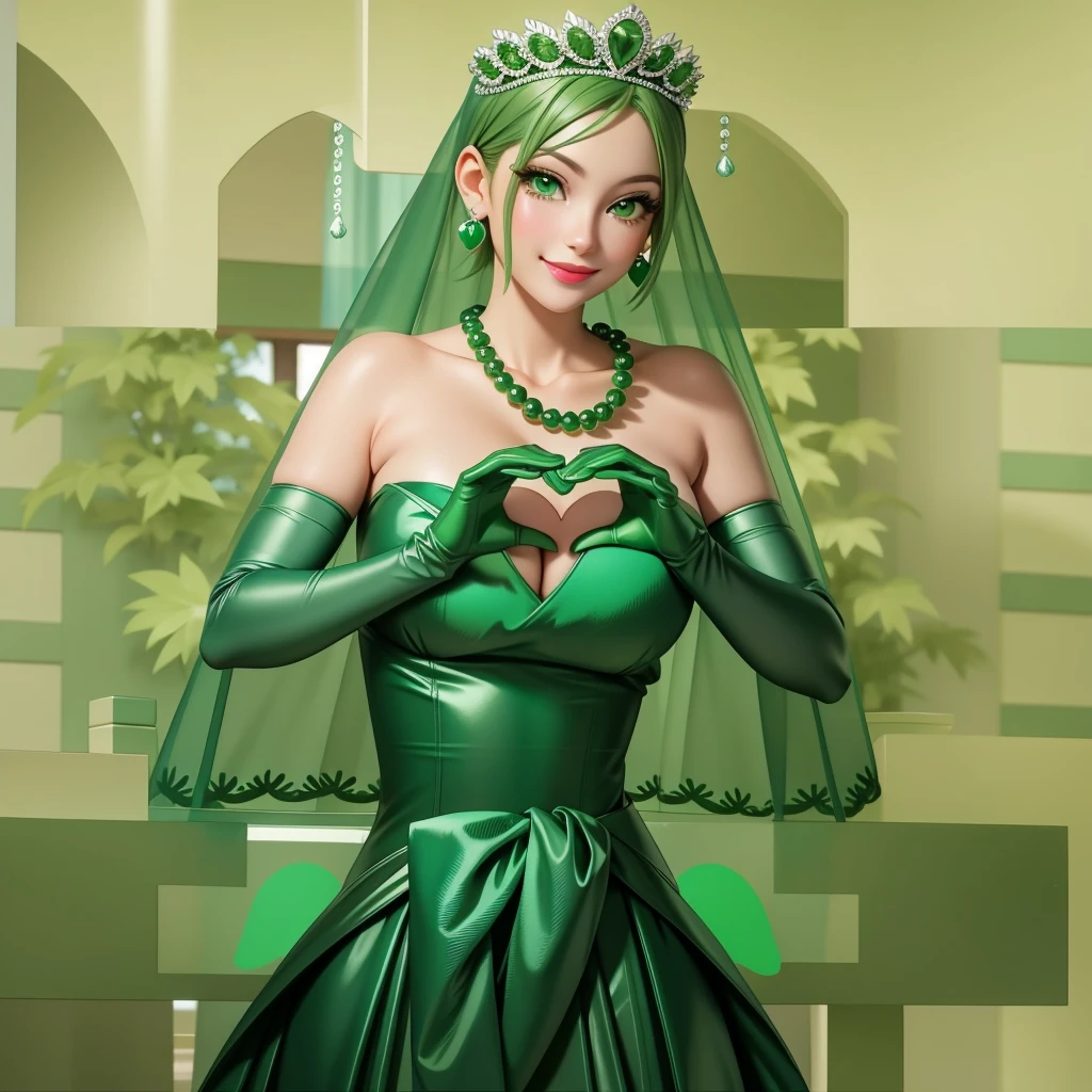 Emerald tiara, Green Pearl Necklace, ボーイッシュな非常に短いGreen Hair, Green Lips, Smiling Japanese woman, Very short hair, Busty beautiful lady, Green Eyes, Green satin long gloves, Green Eyes, Emerald Earrings, Green veil, Heart with both hands, Green Hair, Beautiful Japanese Woman, Heart shaped hands:1.3, green lip gloss