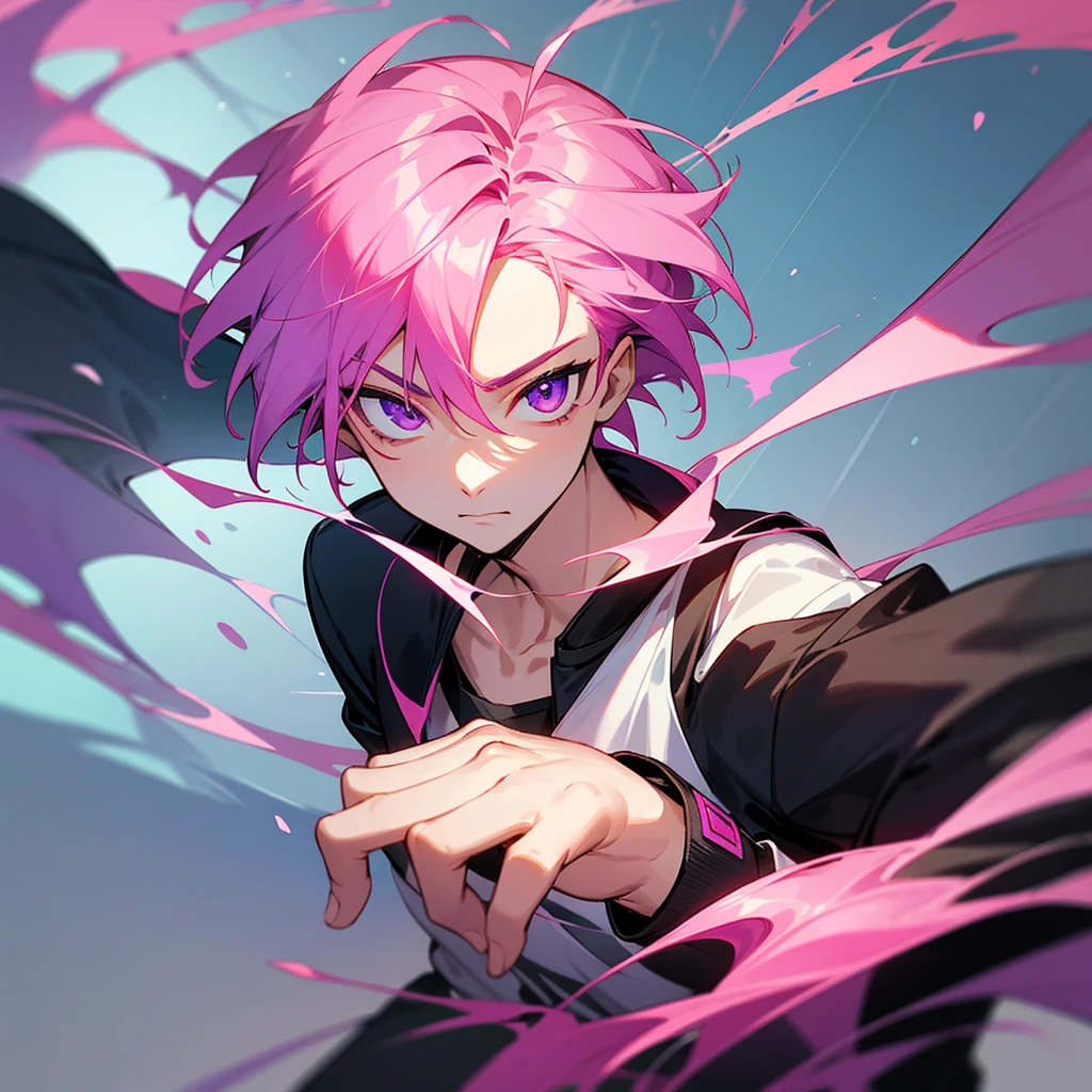 Saika is a boy, he has short striking pink hair that falls in soft waves around his face, complementing his vibrant purple eyes. His features are sharp and defined, with a youthful charm that is accentuated by his slender build. He often wears a stylish black jacket over a graphic t-shirt and jogging àd sometimes tight, completing his edgy and modern look, he is in his room.