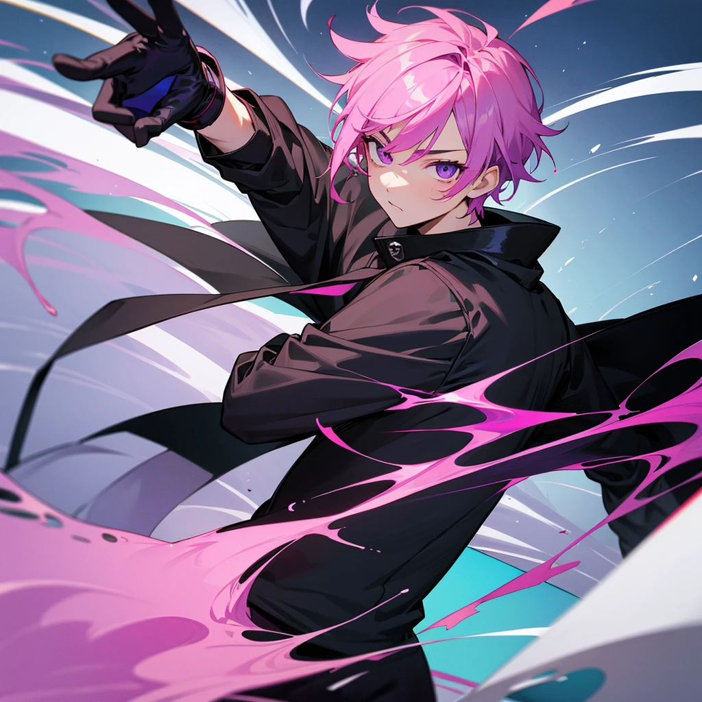 Saika is a 14 years old boy, he has short striking pink hair that falls in soft waves around his face, complementing his vibrant purple eyes. His features are sharp and defined, with a youthful charm that is accentuated by his slender build. He often wears a stylish black jacket over a graphic t-shirt and jogging àd sometimes tight, completing his edgy and modern look, he is in his room.