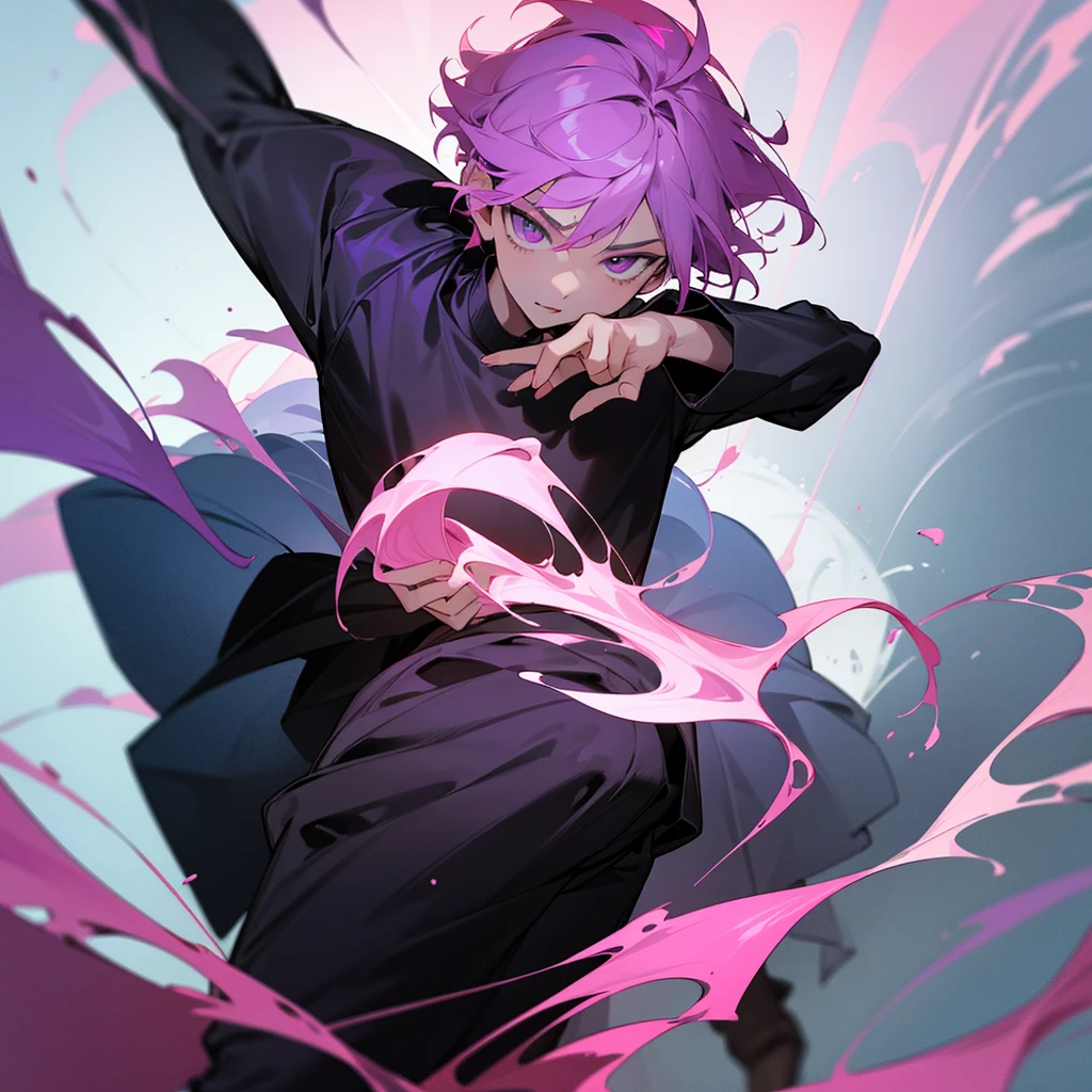 Saika is a 14 years old boy, he has short striking pink hair that falls in soft waves around his face, complementing his vibrant purple eyes. His features are sharp and defined, with a youthful charm that is accentuated by his slender build. He often wears a stylish black jacket over a graphic t-shirt and jogging àd sometimes tight, completing his edgy and modern look, he is in his room.