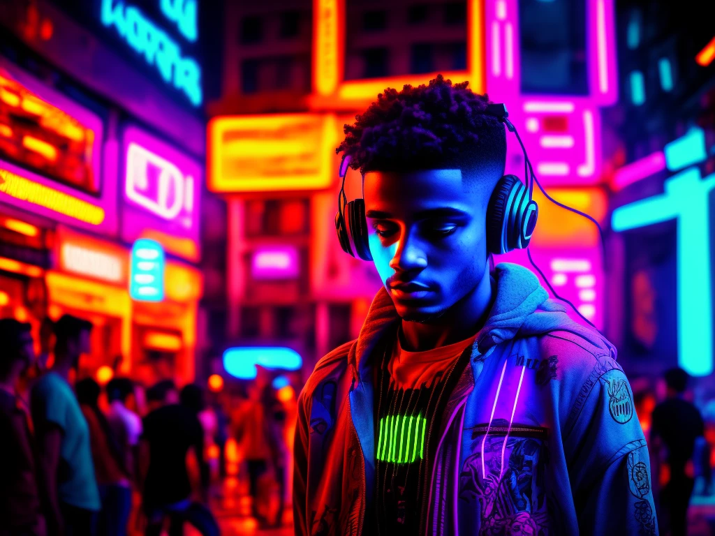 Amidst the neon-lit dystopian cityscape, a Cyberpunk DJ boy is center stage, bathed in the pulsating glow of colorful Pulneon lights. Wires and circuitry weave through his pierced skin, synced to the rhythm of the music he creates. Headphones cover his ears, amplifying the beats that resonate in his chest. His intense gaze fixates on the crowd, his eyes reflecting the kaleidoscopic hues of the city's dreams and nightmares. This dynamic scene, captured in crisp 8k ultra-detailed resolution, bestows a striking sense of realism and immersion into the surreal world of
Crie uma capa para o canal 'MTG Brasil IA' com as letras 'MTG' no centro, written in colorful and vibrant graffiti style. Around the letters, add a circle. The fund must have a Brazilian theme, including elements like modern cars, high buildings, people walking in the streets, luxury symbols, music, and beautiful people passing by. The letters &#39;MTG&#39; should be styled with several useful and visually appealing features, harmoniously integrating into the urban graffiti environment."