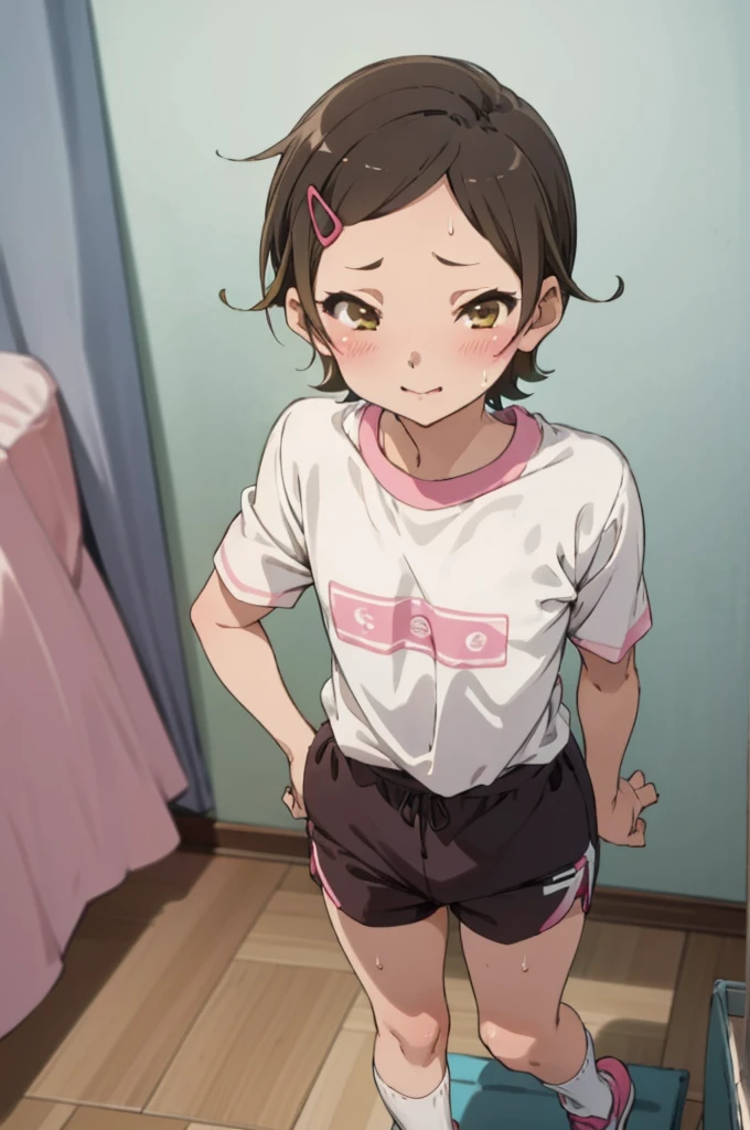 ,,(petite), 1girl, looking at viewer, hazuki katou,,,socks, ,my room,,blush,sweating,,flat chest,gym shirts,buruma