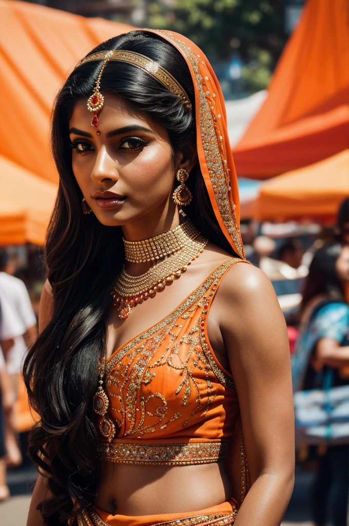A hd 8k realistic beautiful Indian woman with emotive eyes, adorned with body extensions, is depicted in a high fashion portrait as she walks along a vibrant street fair. Her attire is adorned with an atomic-tangerine palette, adding a pop of color against the backdrop of the fair. The focus is sharp, capturing every detail of her intricately designed clothing and precise makeup. The lighting highlights her features, casting gorgeous shadows that enhance her captivating beauty. The image exudes a cinematic feel, elevating it to top-quality, official art status. The unique setting of the street fair adds an element of clean, aesthetic charm, making this portrait a must-