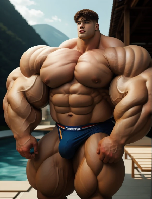 1boy, giant, alone, giant bodybuilder, illuminating light, strong body, bulk, large size, standing, with panoramic background, outdoor, nude, white triangular underwear, thick bulge, scratch his bulge, extraordinary big, brutalmass, giant muscular body, bulk, buff, massive body, large meaty body size, extremely wide body