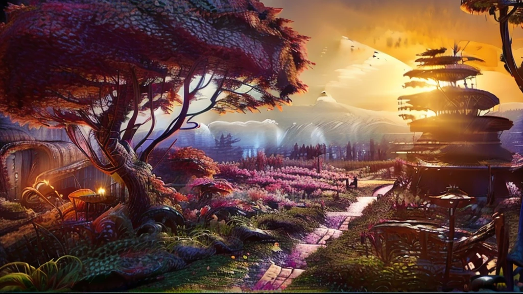 Panoramic image of a beautiful futuristic forest, with plants that have their own light, many colors and have a depth where you can see mountains and a beautiful sunset between the forest trees, mushrooms everywhere, a snake wrapped around a branch of tree, 8k, best quality, ayauasca, xamã. Illusions. 