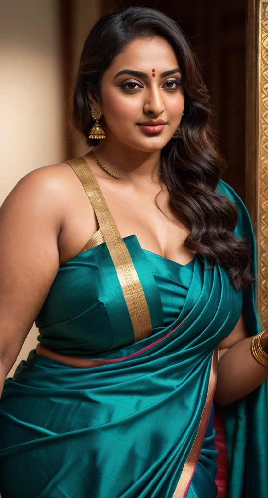 Foto RAW, photorealistic, photography, full body shot, master shot, perfect eyes, goddess like beauty, pierced eyes, perfect thick chubby mallu Desi aunty bhabhi, Full figured woman, juicy thick figure, bulky figure, curvy, fleshy curvy figure, voluptuous body, wide body, full figured aunty, Sexy navel folds, fleshy figure, heavy figure, Wearing a Stanapatta, a chest-band.Saree model, model Photography, Indian saree shoot, Indian traditional wear advertising photography, traditional wear brand shoot, face of Indian actress Sonakshi Sinha, masterpiece, realistic, realism, incredible details, pleasure, photorealism, detailed skin, skin pores, high contrast, photorealistic Artstation 8k HD digital art trend of high definition and detailed realistic skin texture, ultra detail, realistic skin texture, armature, best quality, ultra high definition, (photorealistic:1.4),, high resolution, detail, raw photo, sweat, Re sharp, by Lee Jefferies Nikon D850 Film Stock Photo 4 Kodak Portra 400 Camera F1.6 Lens Rich Color Ultra Real Realistic Realistic Textures Dramatic Lighting Unreal Engine Trending at Art Station Cinestill 800,(pele altamente detalhada: 1.2), 8k UHD, DSLR, soft-lighting, alta qualidade, grain of film, Fujifilm XT3,she didn't like to wear blouse or bra, She doesn't like to wear bra or blouse as it is against her traditional customs, wearing a Bra or blouse is against her forbidden in her tribes ritual, traditional no blouse saree, detailed hairy armpits, hyper realistic skin, skin pores, sweat, veins, juicy deep navel,