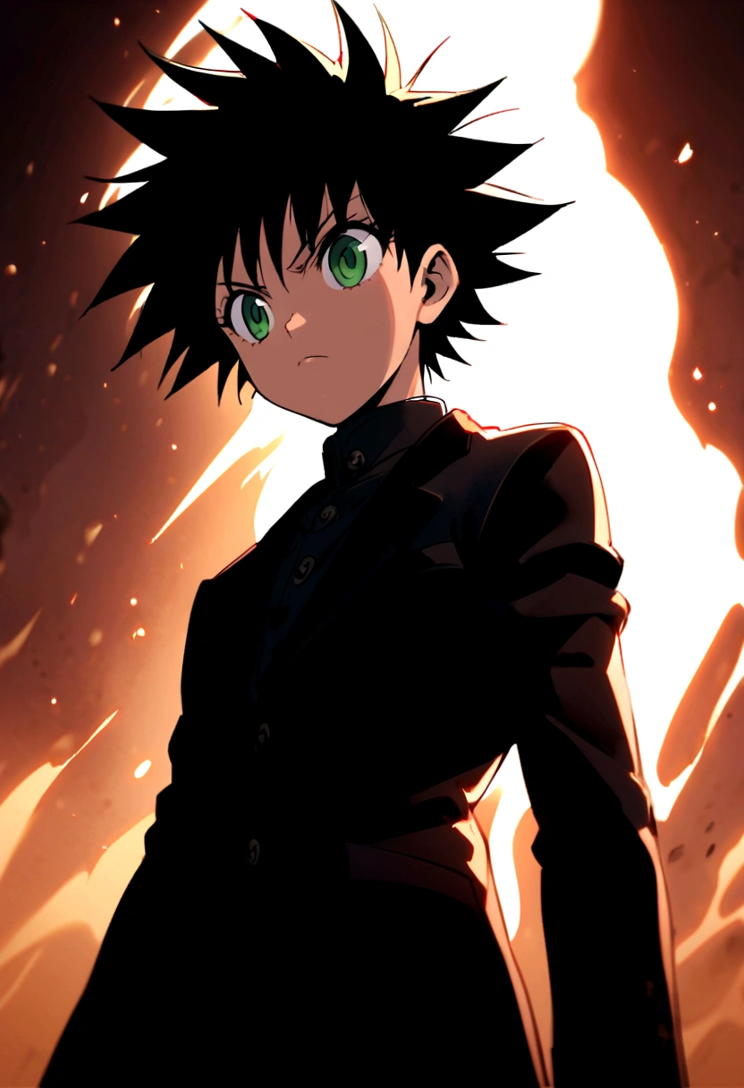 14 year old boy with black short messy hair and green eyes wearing white gloves and a black mafioso suit in hunter x hunter manga style
